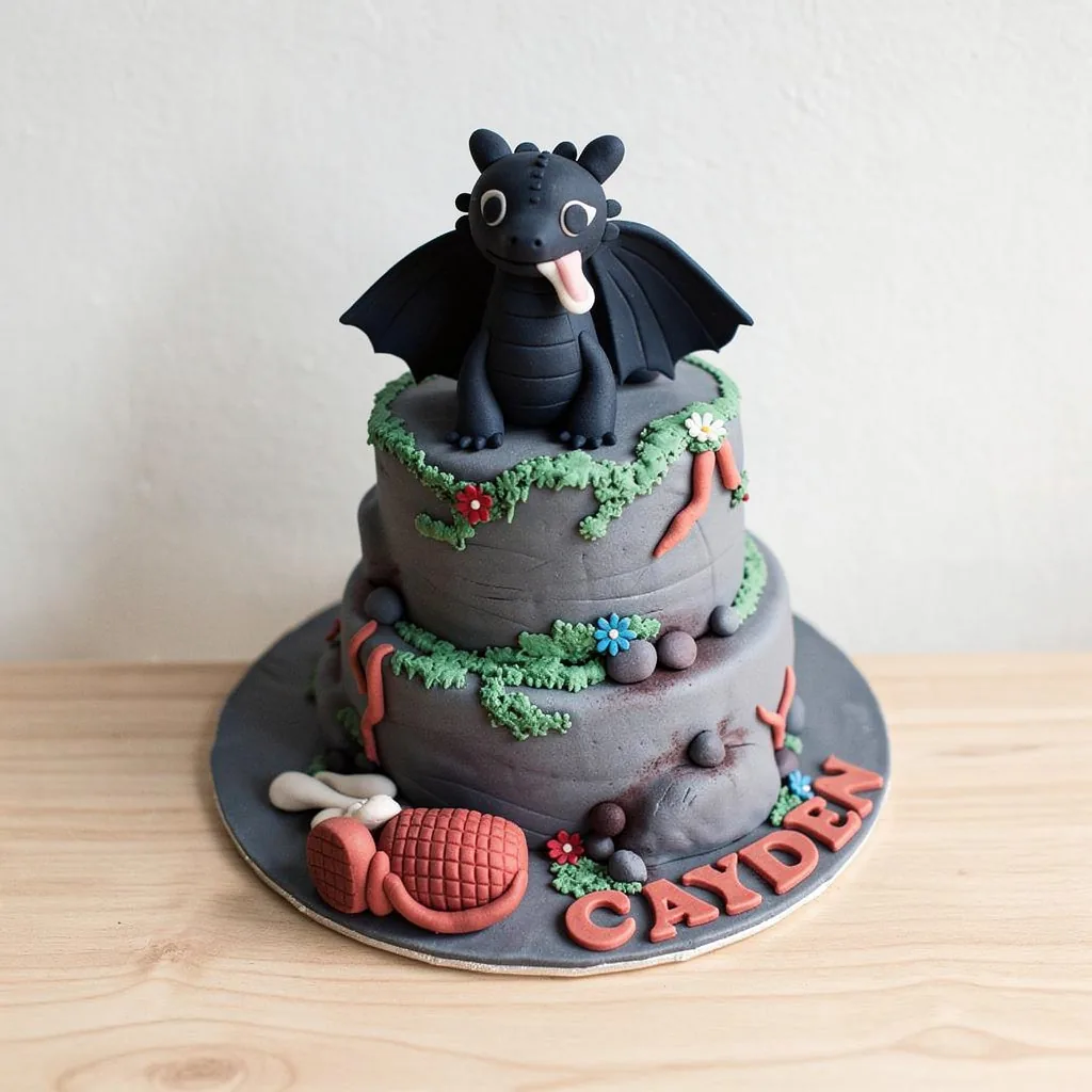 Two-tier grey cake with green vines, flowers, and black dragon topper with tongue out