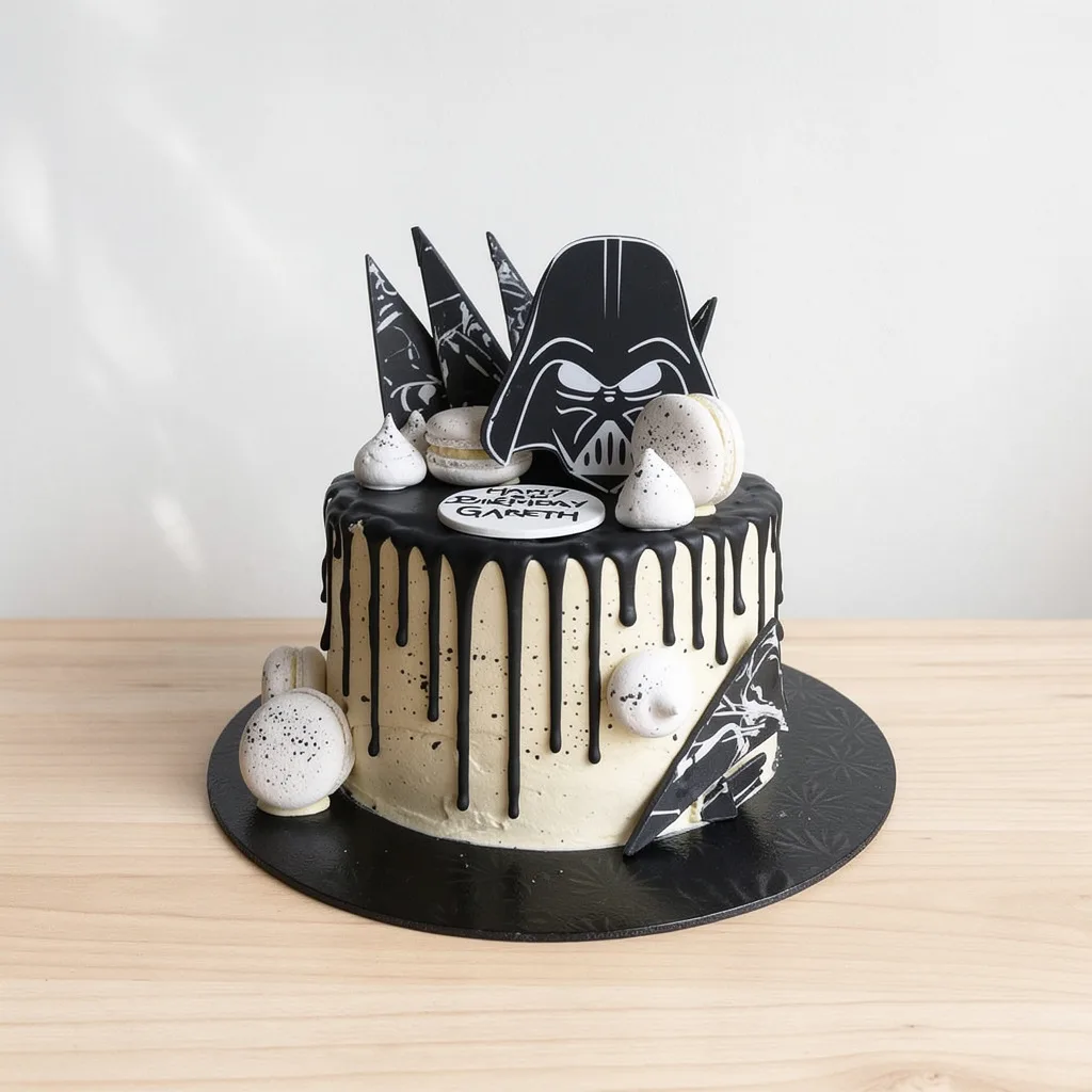 Black and white drip cake with Star Wars-themed decorative toppers and macarons