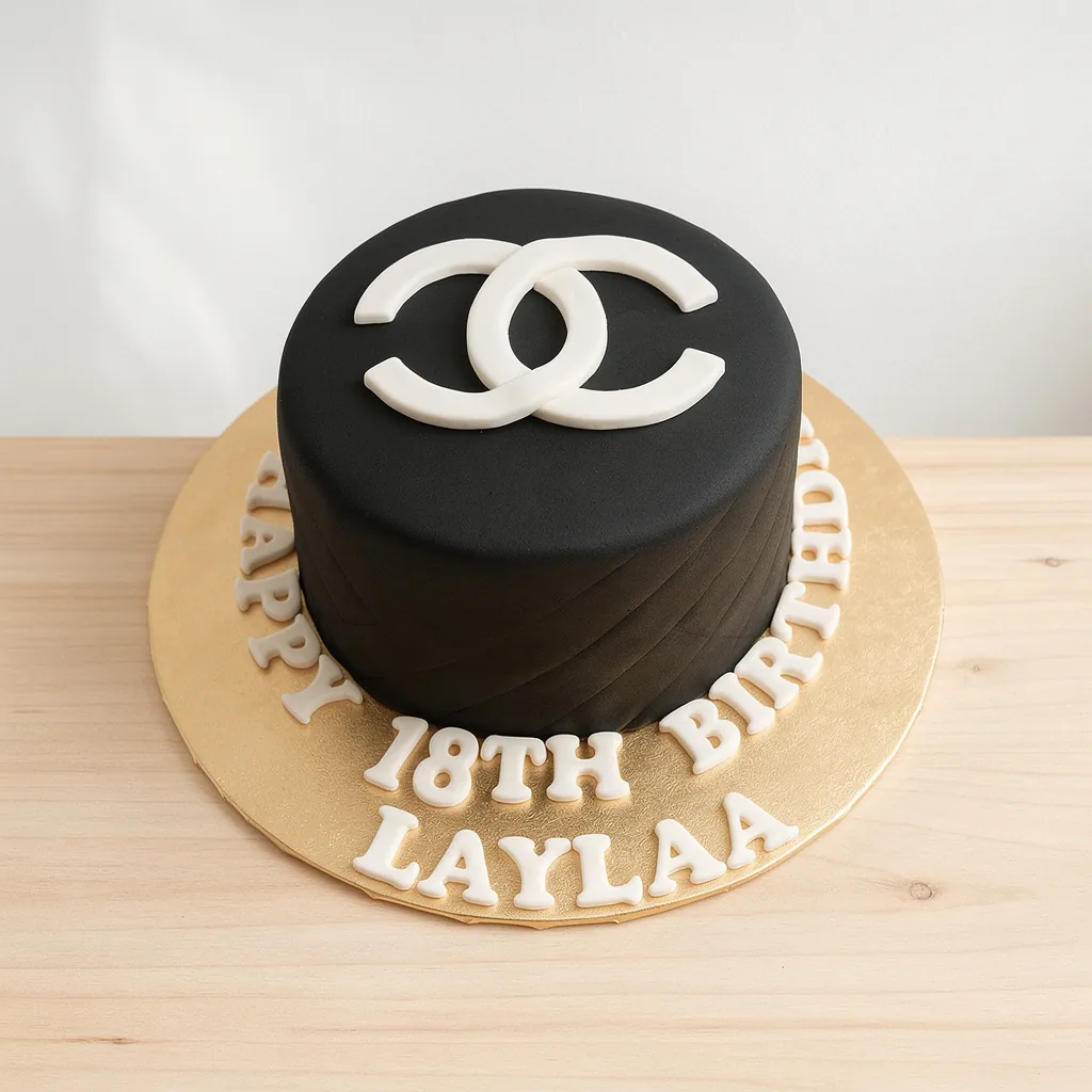 Black fashion logo birthday cake with white emblem and gold cake board
