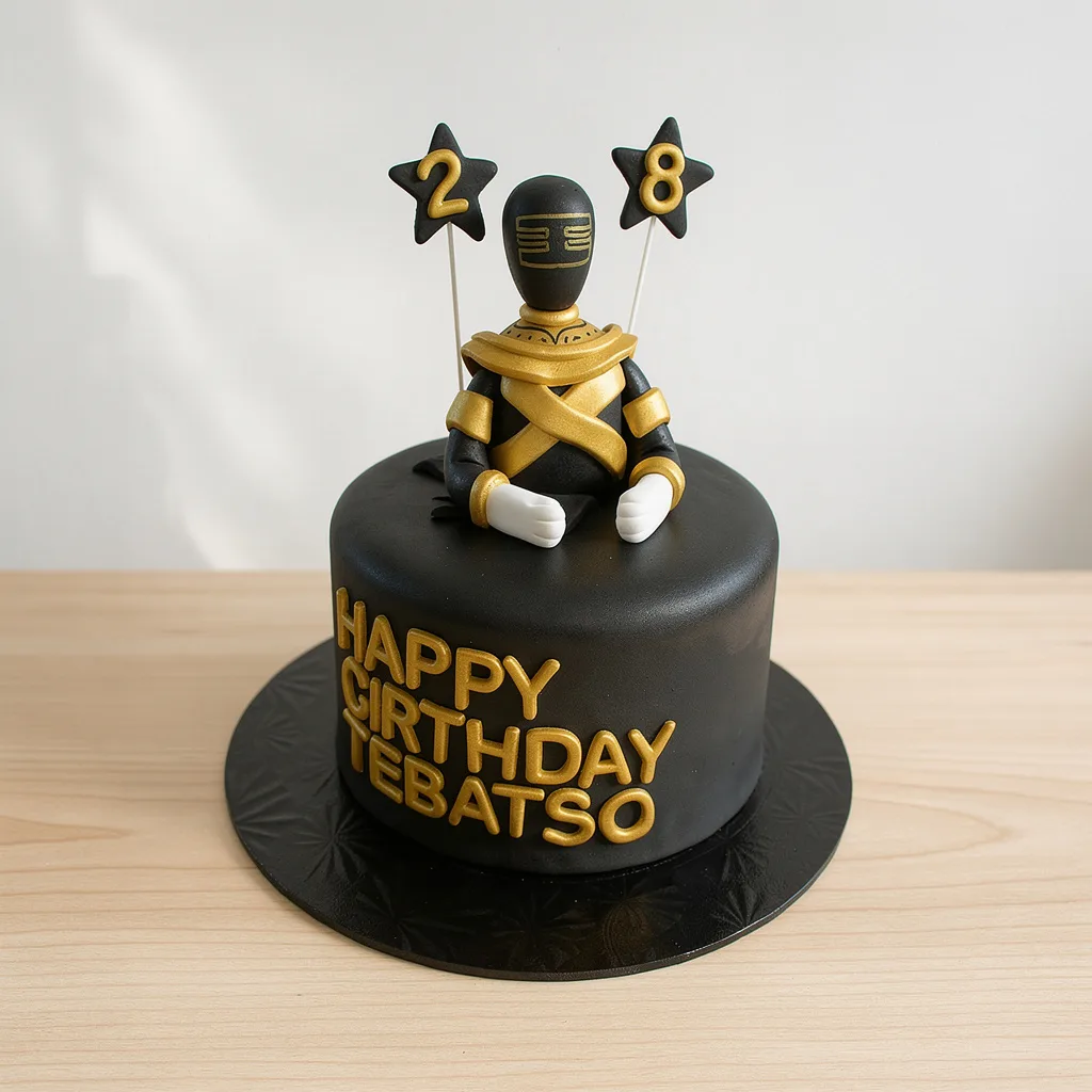 Round black cake with gold birthday message and ninja figure with number 28 stars on top