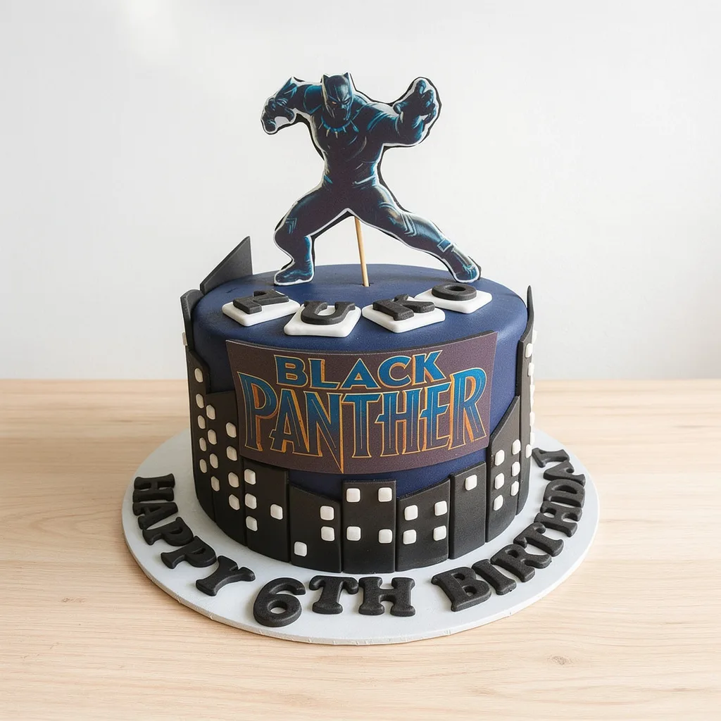 Blue and black birthday cake with Black Panther figure and city skyline design