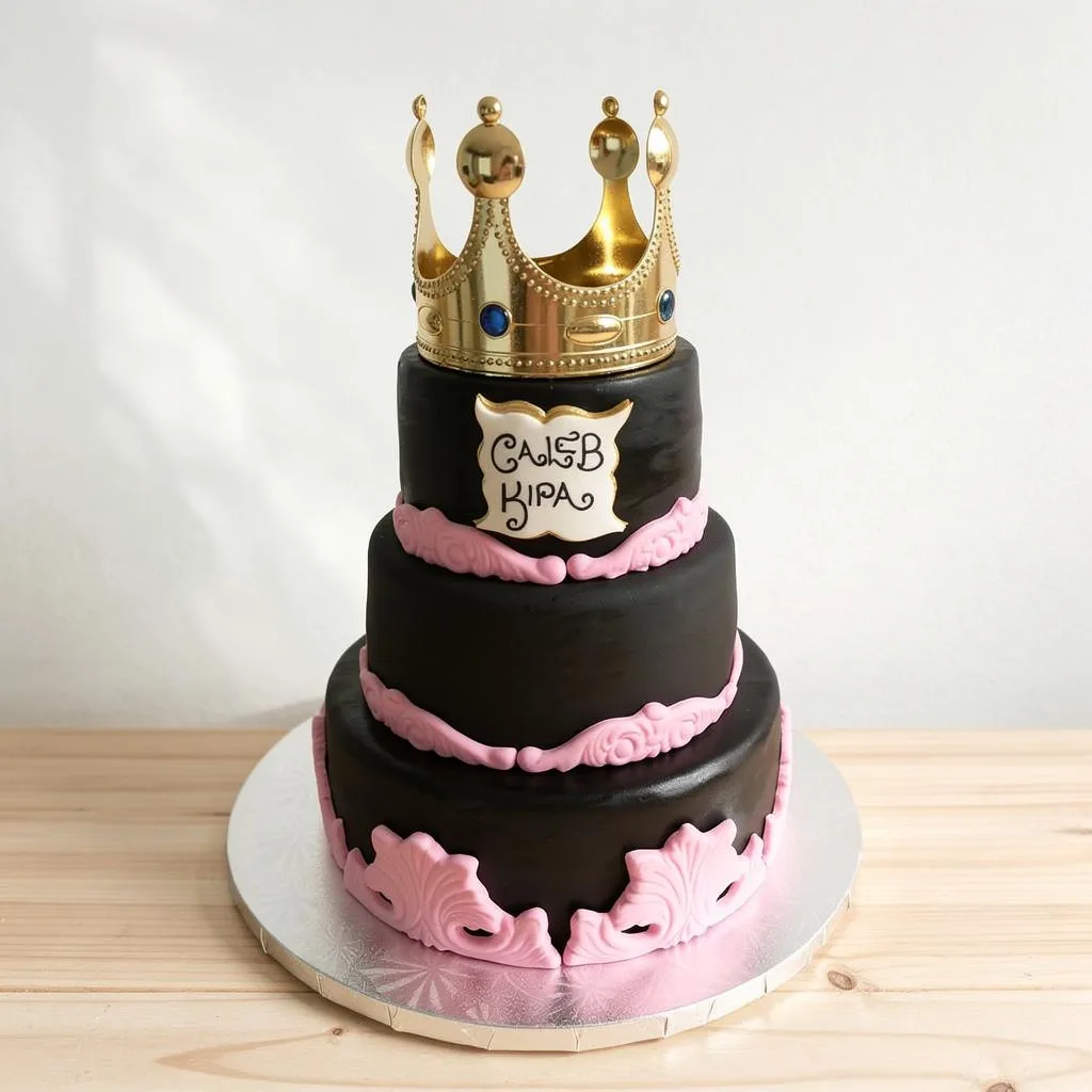 Three-tiered cake with black fondant, pink decorative trims, and a gold crown topper