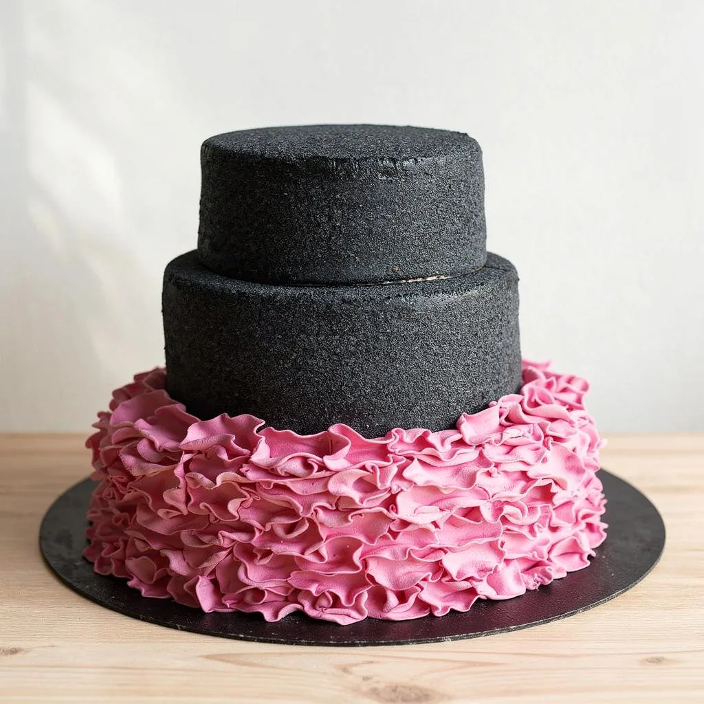Two-tier cake with textured black icing top and pink ruffled icing bottom tier
