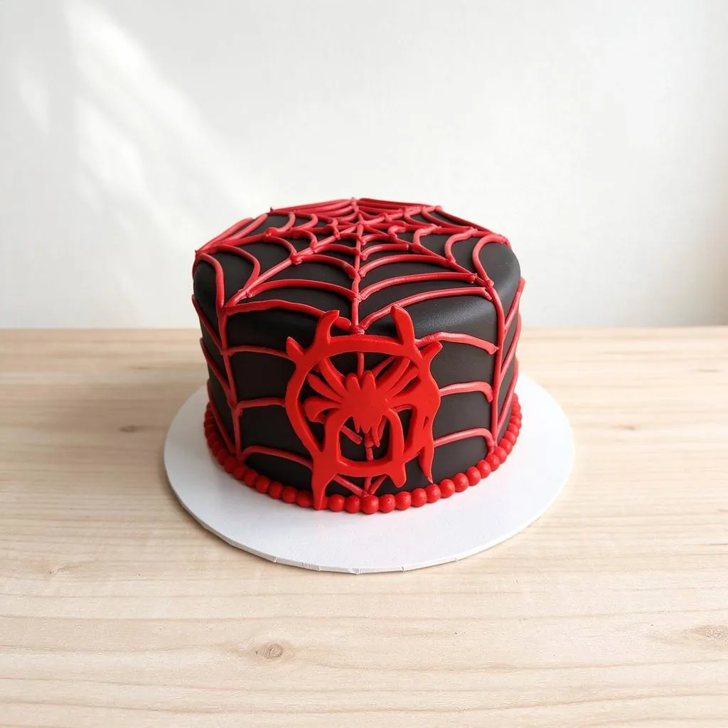 Round cake with black icing decorated with red spider web and spider emblem on front