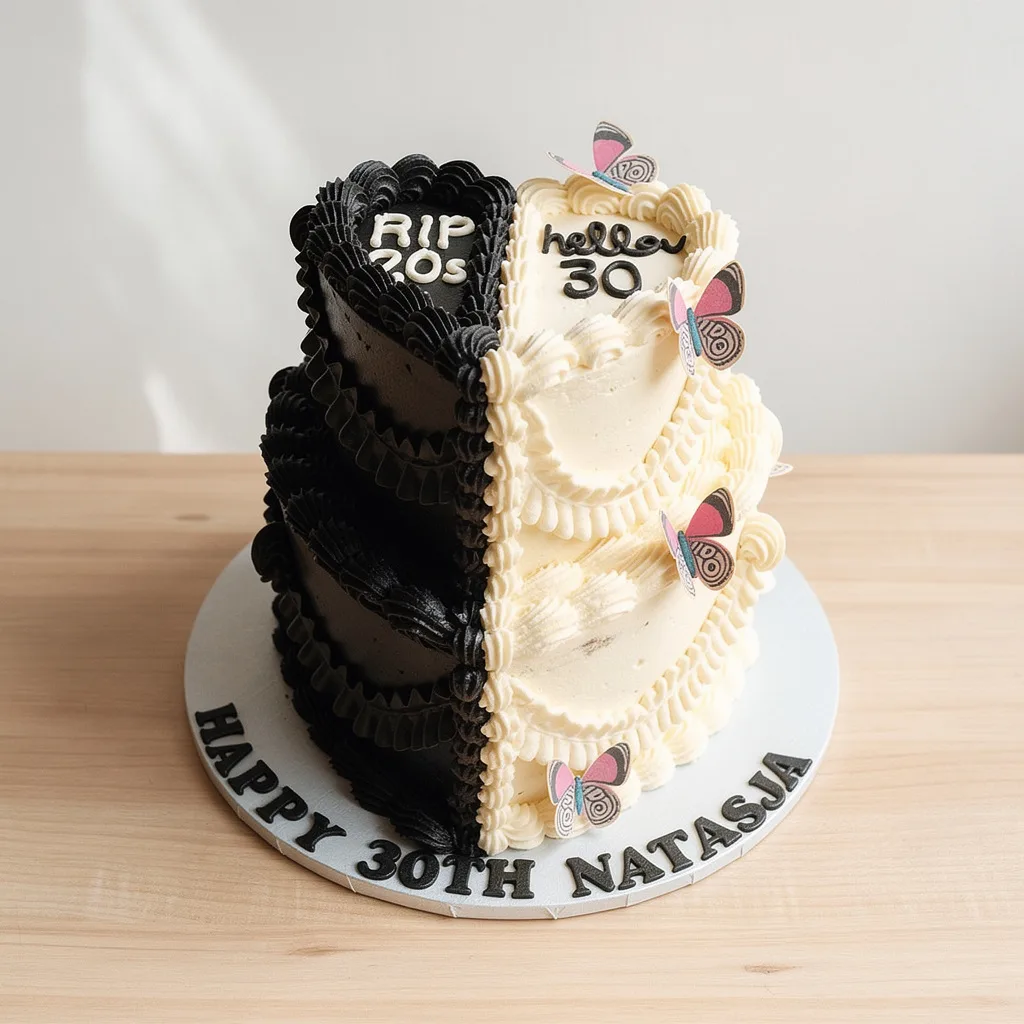 Black and white split 30th birthday cake with RIP 20s and hello 30 text and butterfly decorations