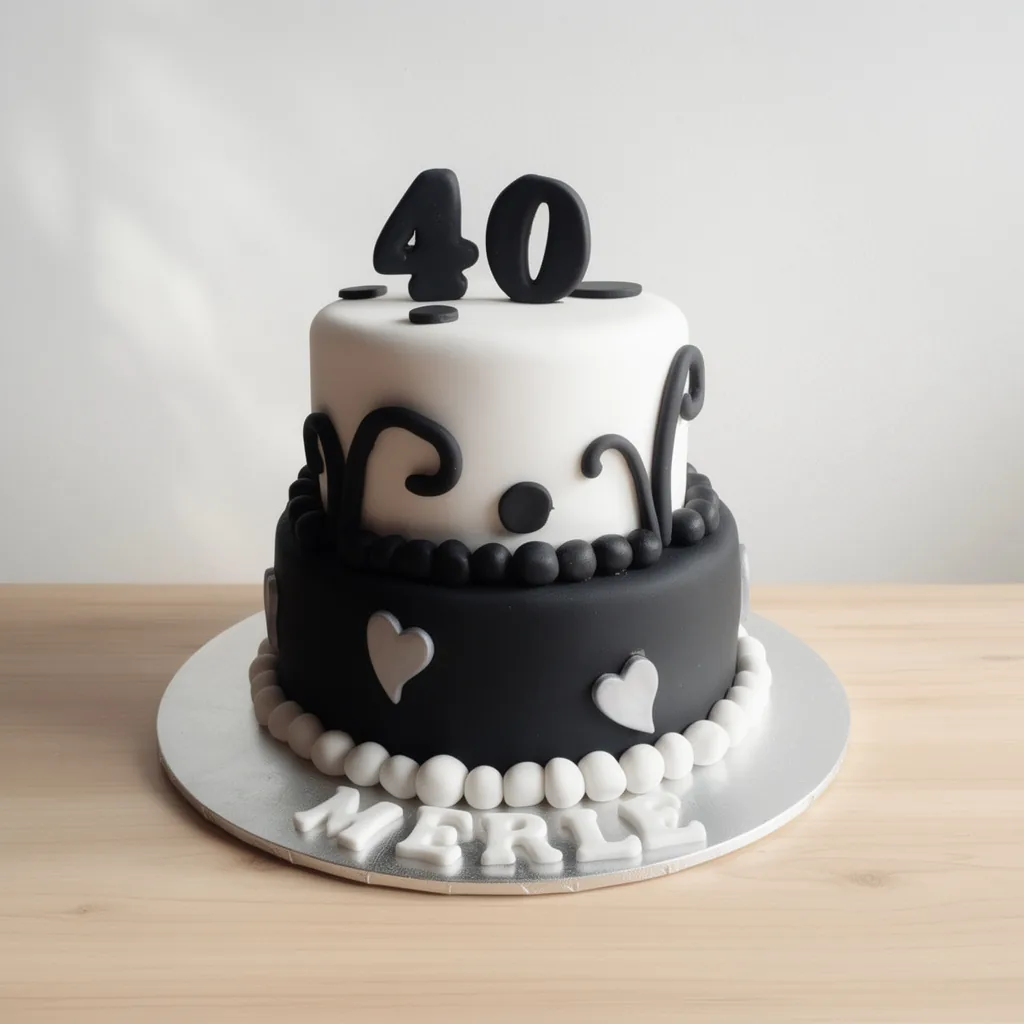 Two-tier black and white cake with number 40 topper and heart decorations