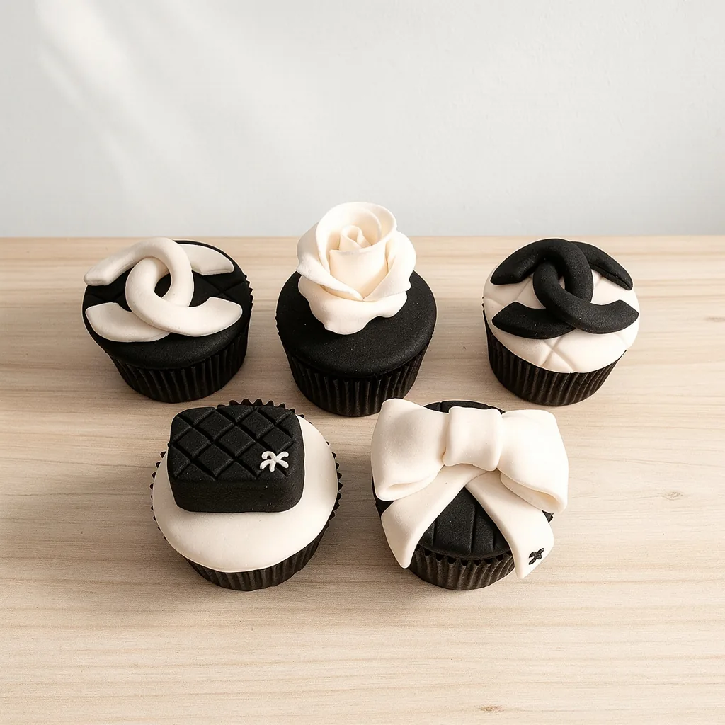 Set of five elegant black and white cupcakes with fondant decor including bows, chains, and a rose
