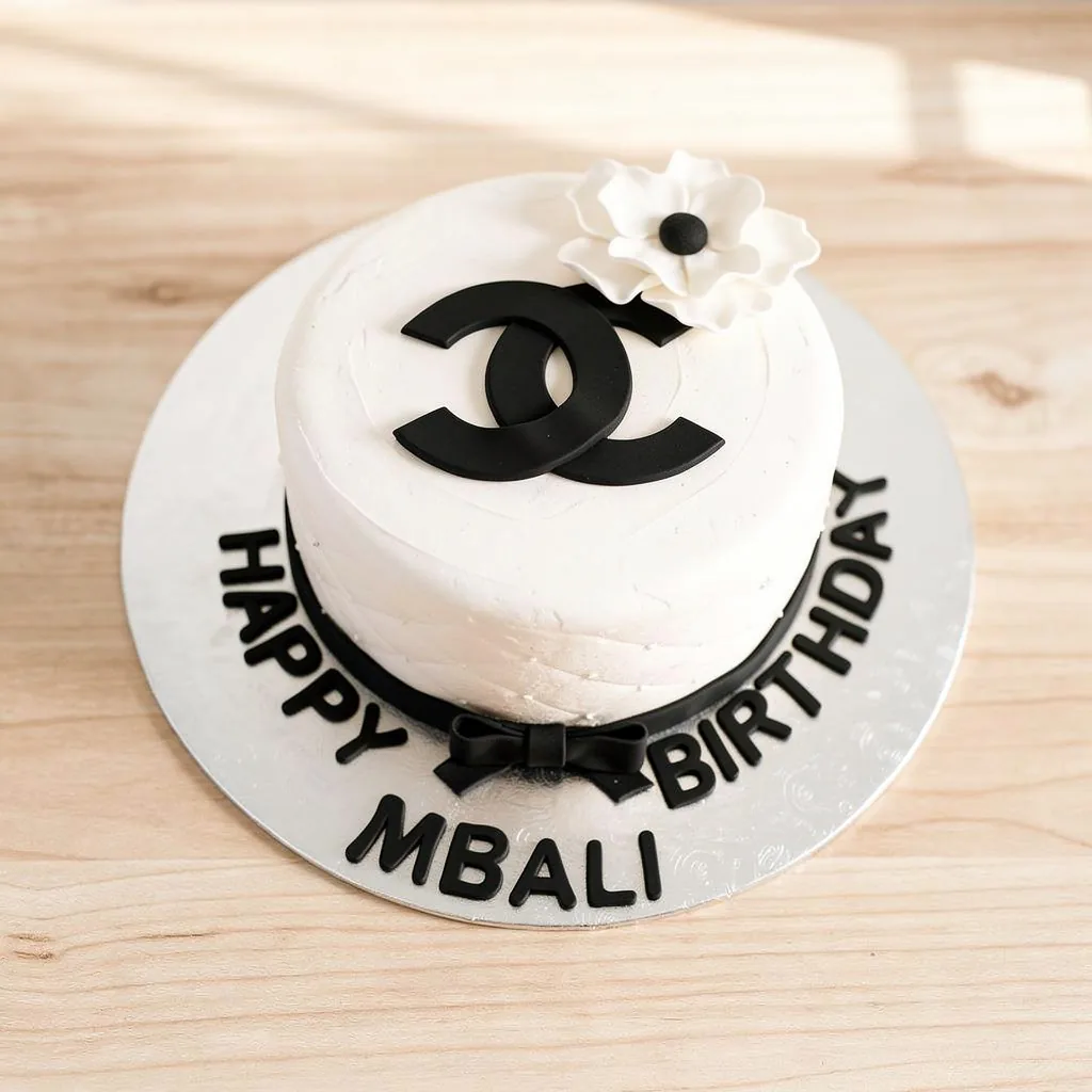 White round birthday cake with black logo, black bow, white flower decoration, and black happy birthday letters