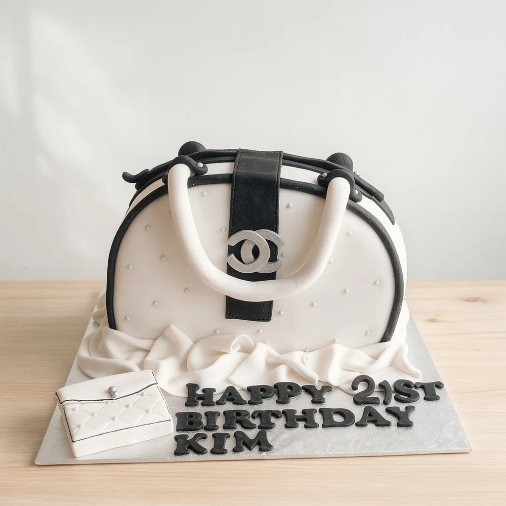 Black and white handbag shaped cake with silver logo and birthday message on silver board