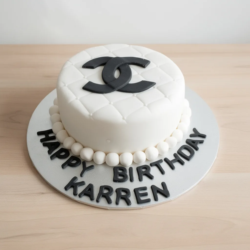 Round white cake with quilted pattern and black interlocking C logo on top