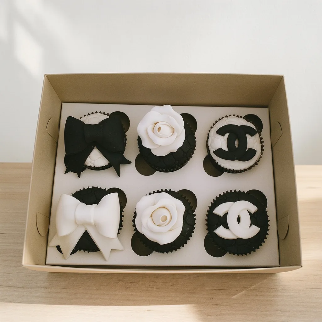 Box of six black and white cupcakes with elegant rose, bow, and double C logo designs