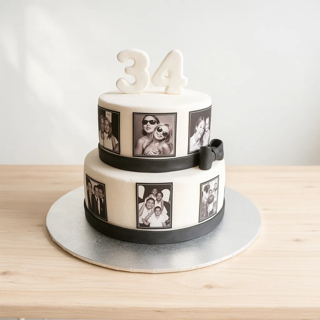 Two-tier white cake decorated with black and white photo collage and black fondant ribbon and bow, topped with number 34