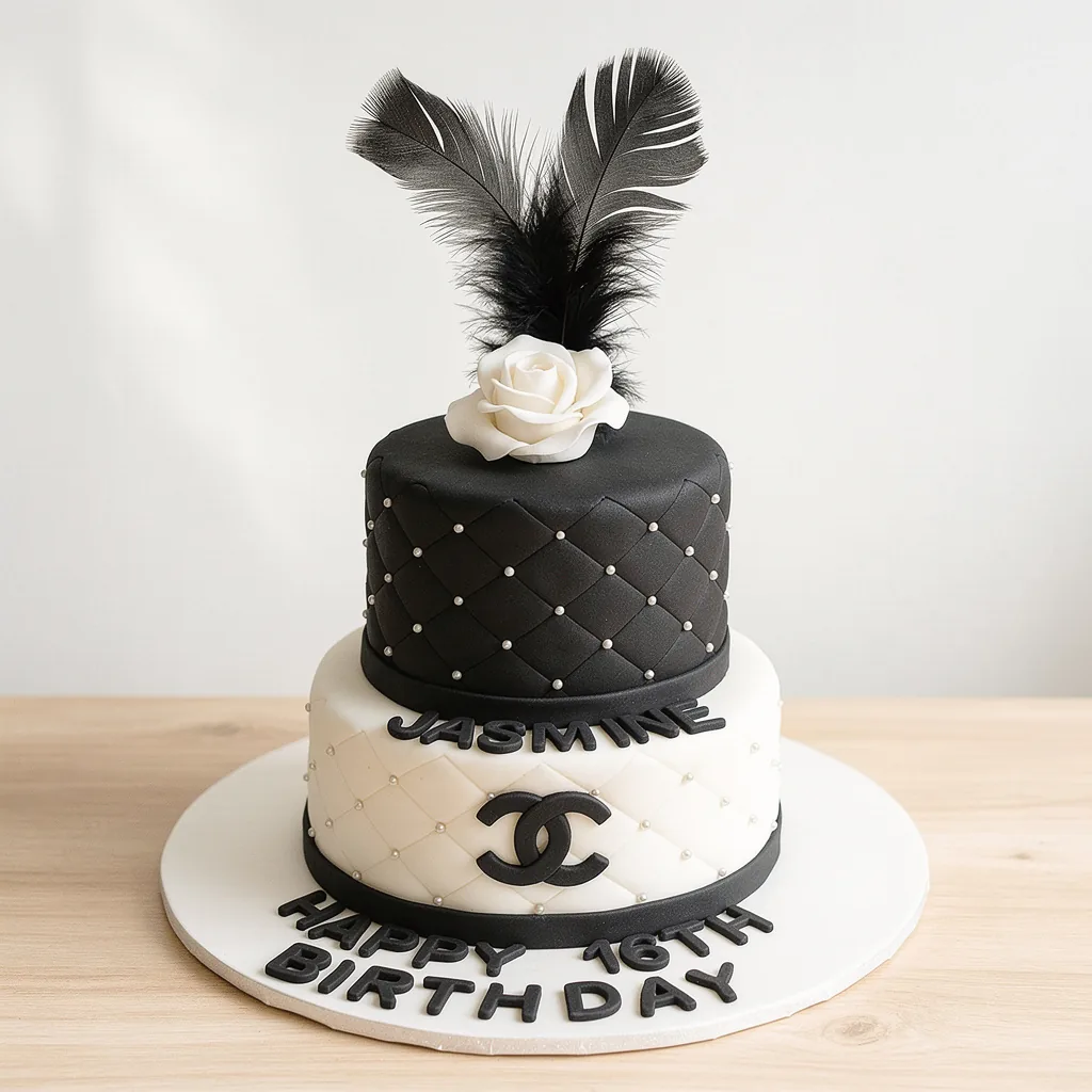 Two-tiered black and white quilted cake with black feathers and white rose decoration