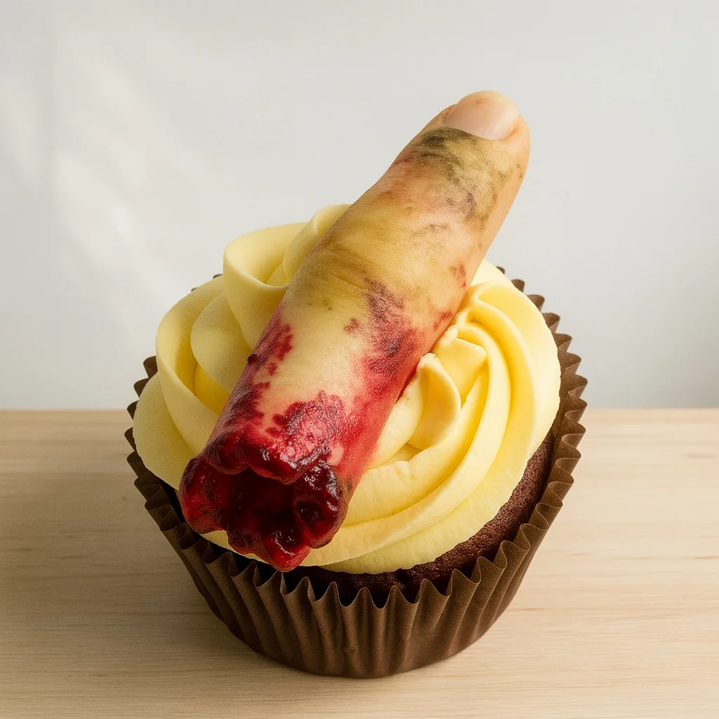 Chocolate cupcake with yellow frosting topped by a realistic edible bloody severed finger