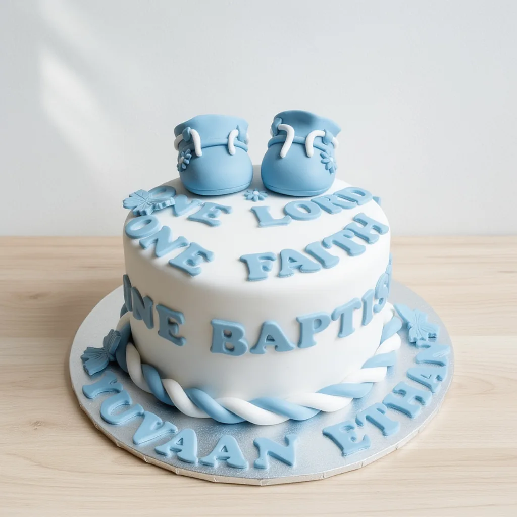 White round cake decorated with blue baby shoes and lettering for a baptism celebration