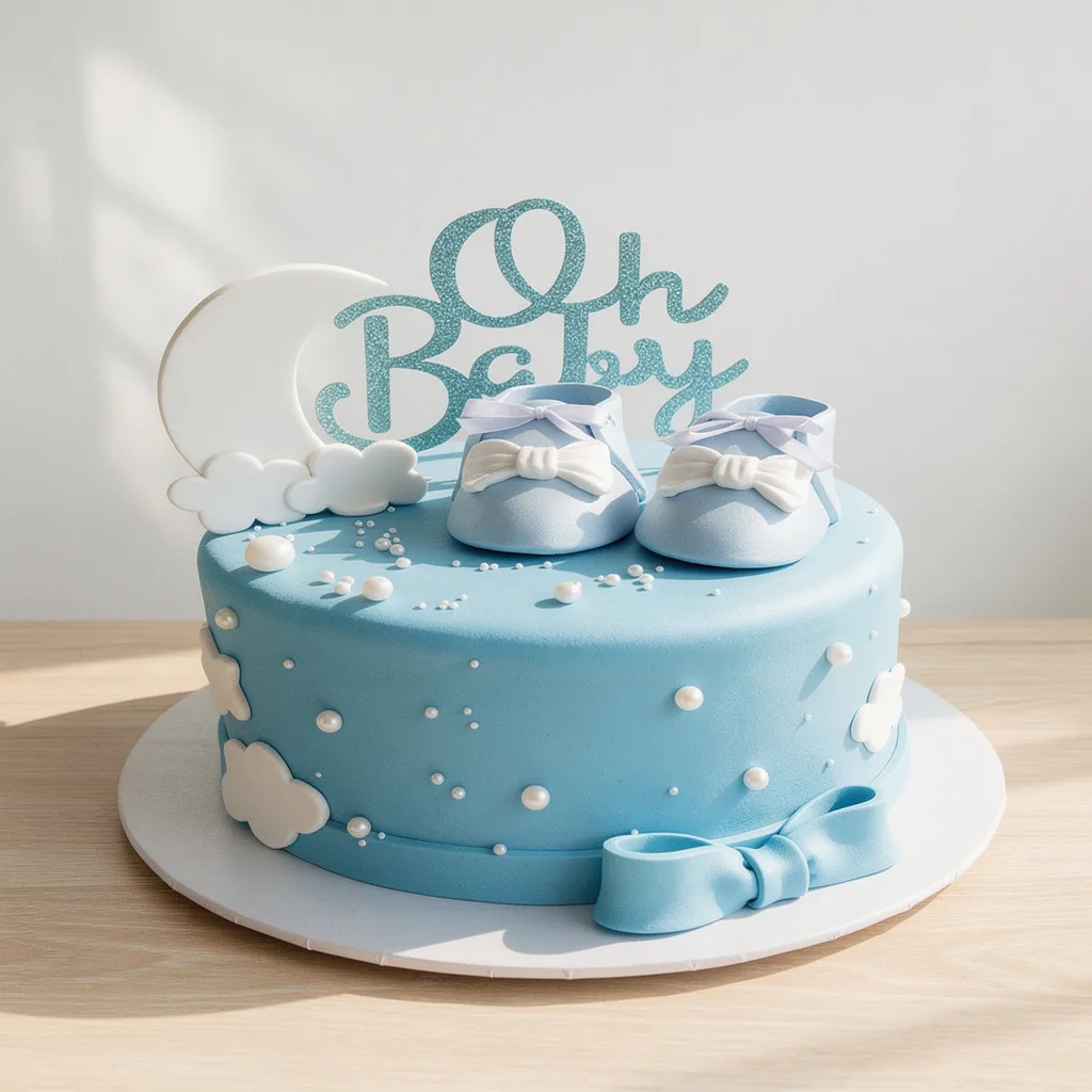 Blue baby shower cake with white bow, baby shoes, clouds, moon, and glittery topper