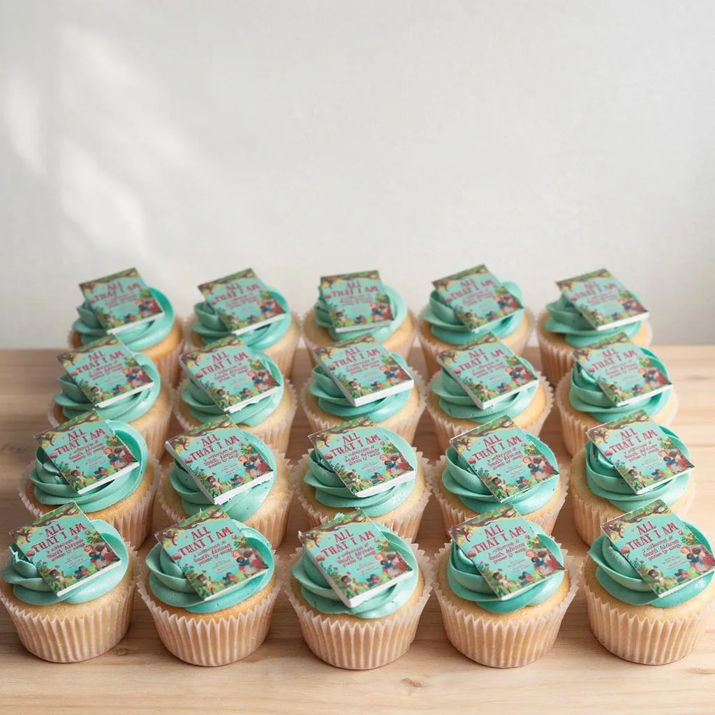 Vanilla cupcakes with teal blue frosting topped with small edible book decorations