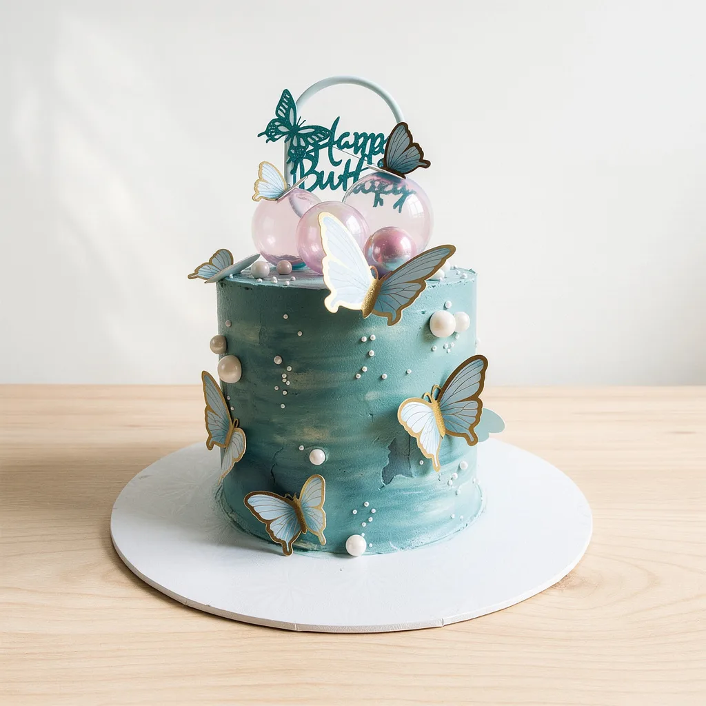 Single-tier pale blue birthday cake decorated with delicate butterfly toppers and pearl accents