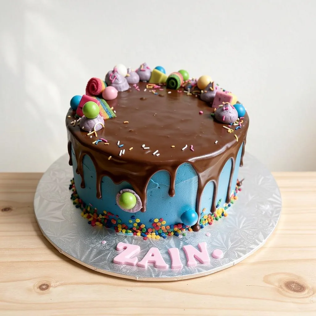 Round cake with blue frosting, chocolate drip, colorful candies and sprinkles decoration