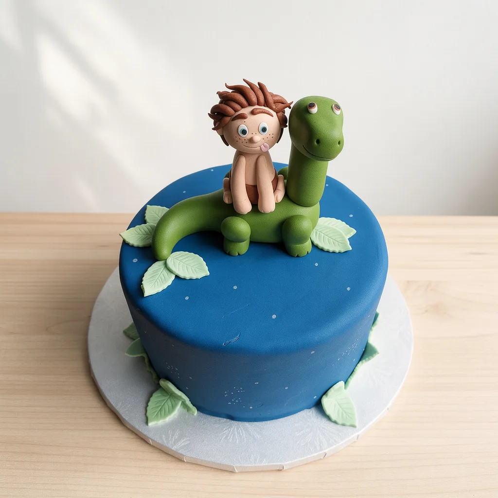 Blue cake with green dinosaur and boy figurine sitting on top with fondant leaves around