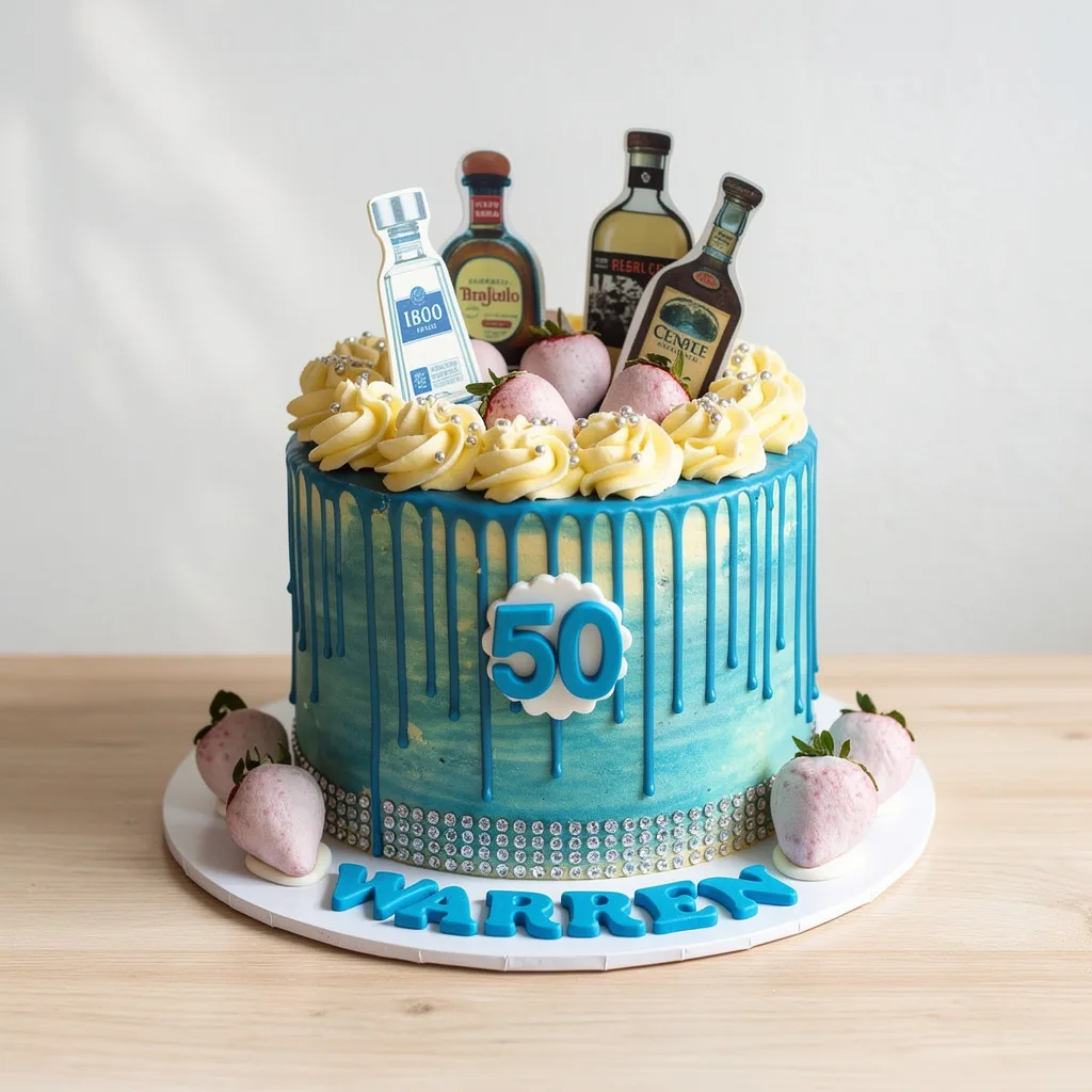 Blue drip cake with white cream swirls, pink strawberries, and liquor bottle toppers celebrating a 50th birthday