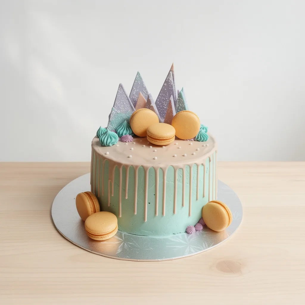 Blue ombre drip cake decorated with orange macarons, purple and teal meringue swirls, and geometric shards