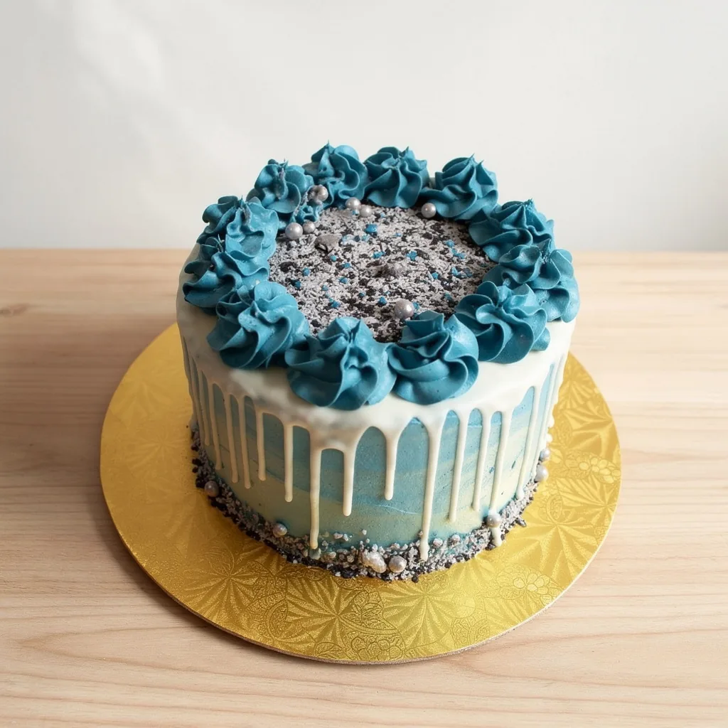 Round cake with blue and white swirled icing, white drip edges, and blue cream dollops on top