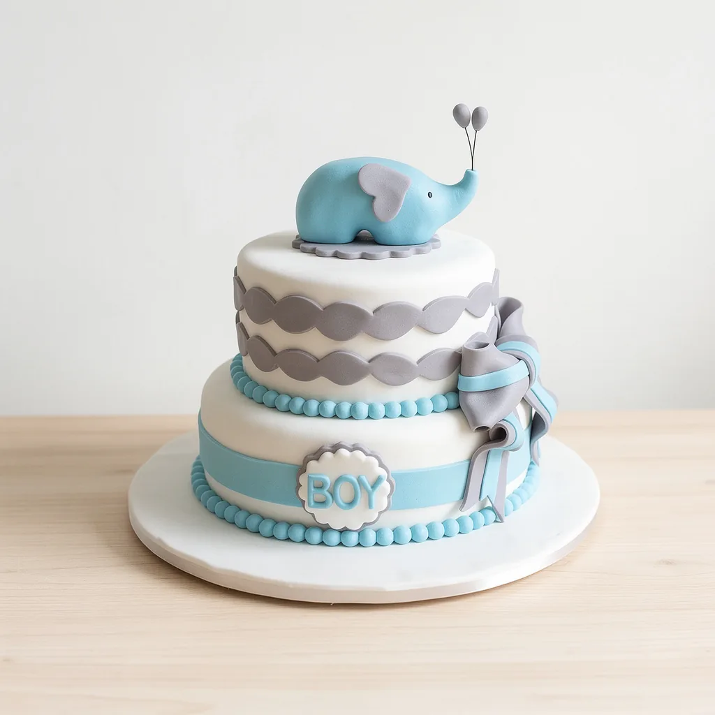 Two-tier white cake with blue and grey decorations topped with a blue elephant holding two grey balloons