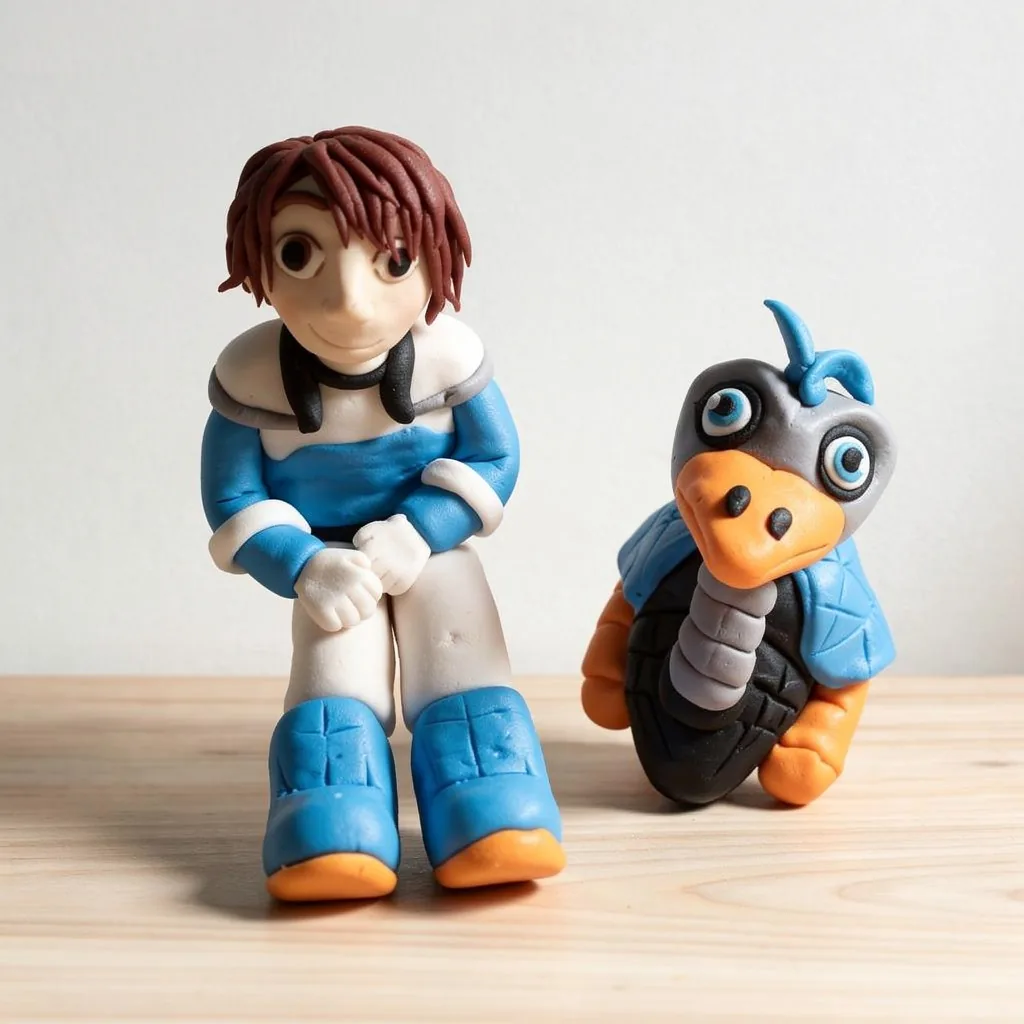 Two handcrafted edible figures with blue clothing and orange shoes and beak, sitting on wood surface