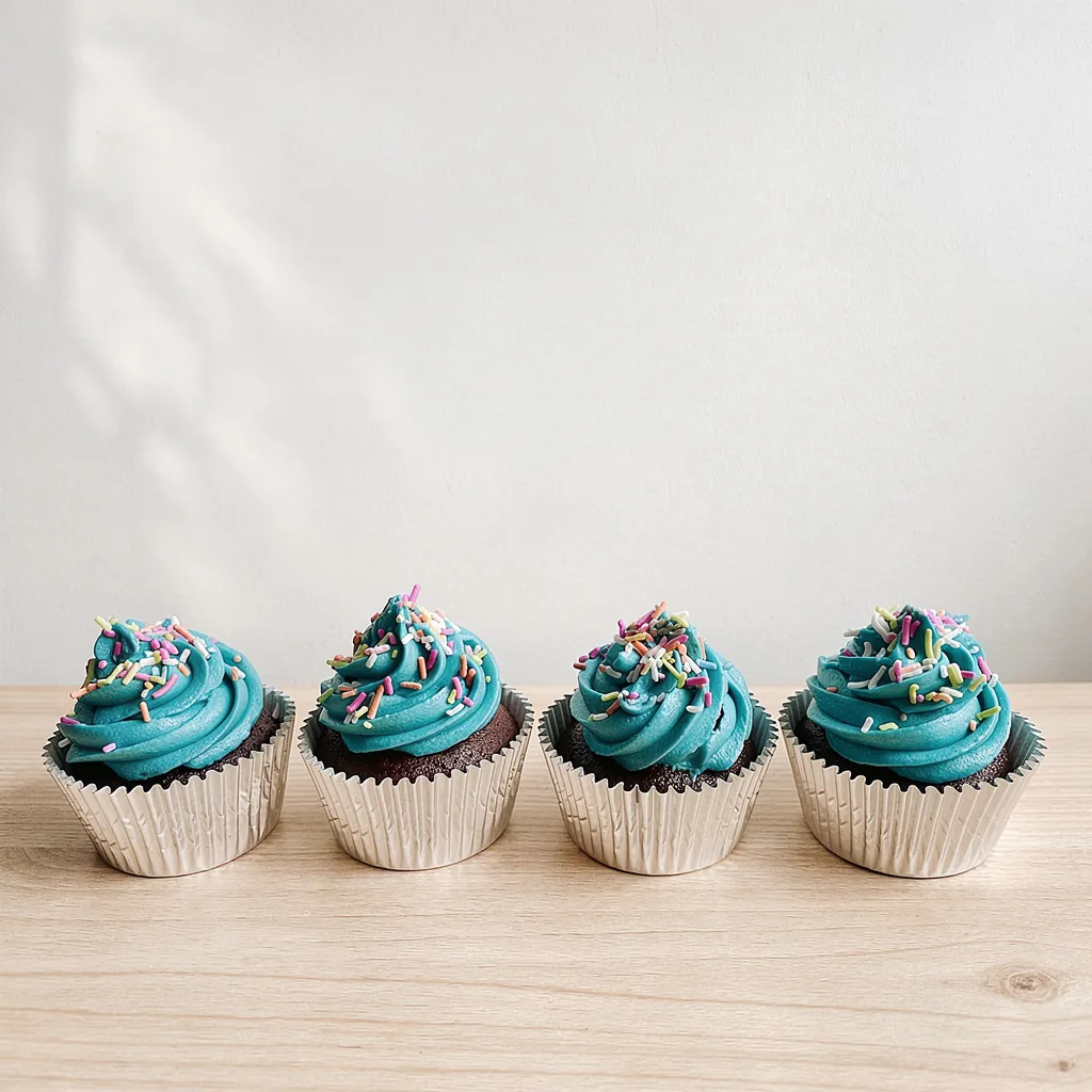 Four chocolate cupcakes with blue frosting and colorful sprinkles in silver liners