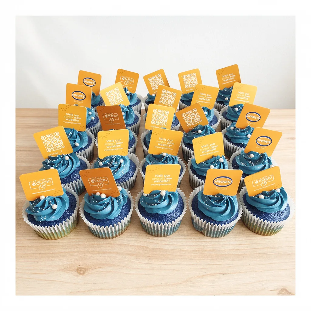 Cupcakes with blue frosting topped with yellow promotional cards on a wooden table