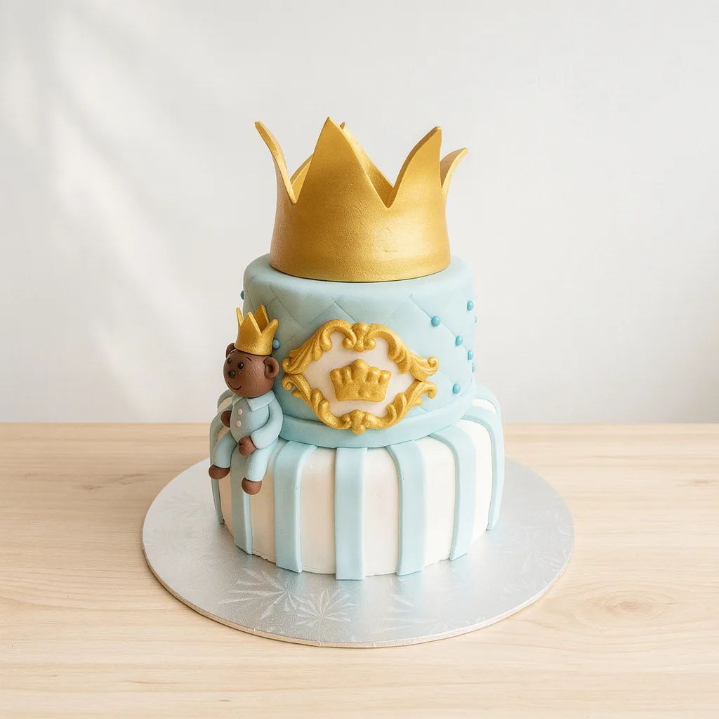 Two-tier cake with blue and white stripes, adorned with gold crown and fondant prince figure