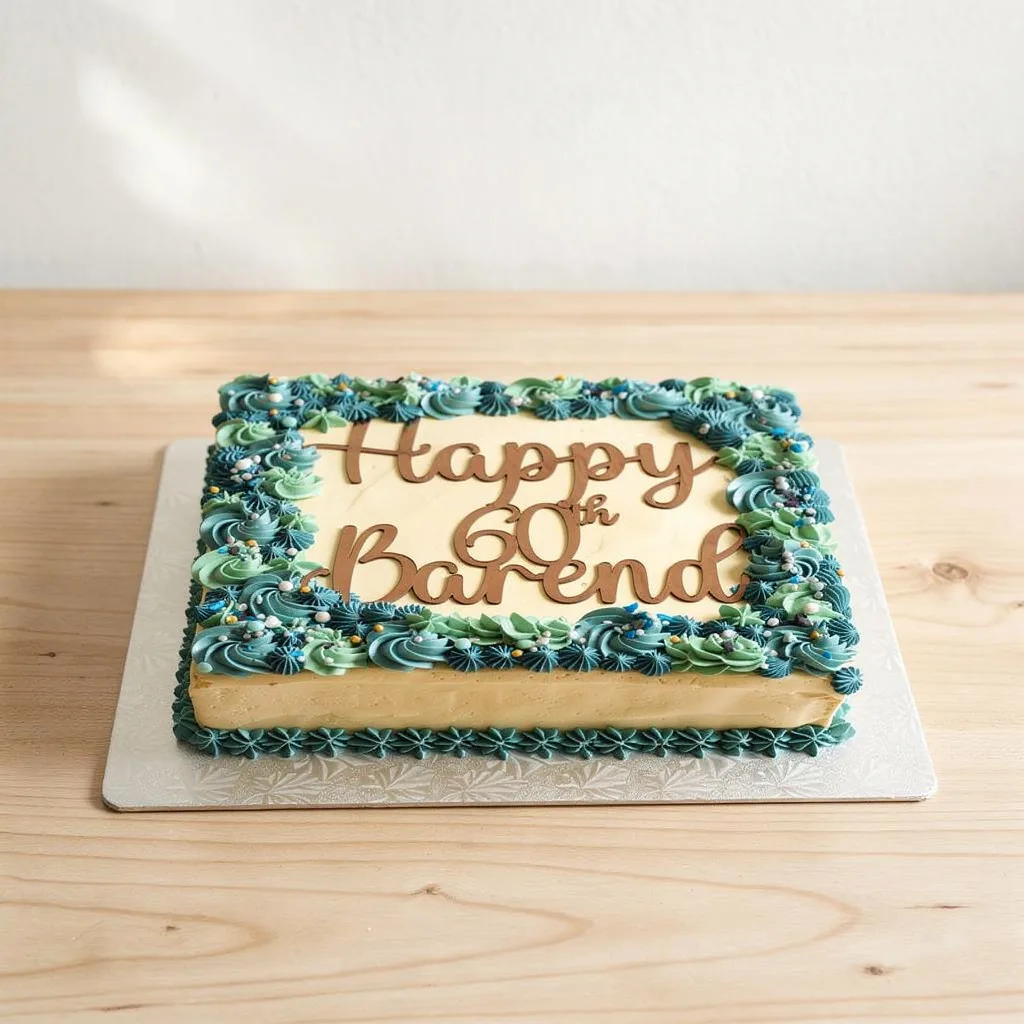 Rectangular cake with blue and green piped floral border and golden Happy 60th message