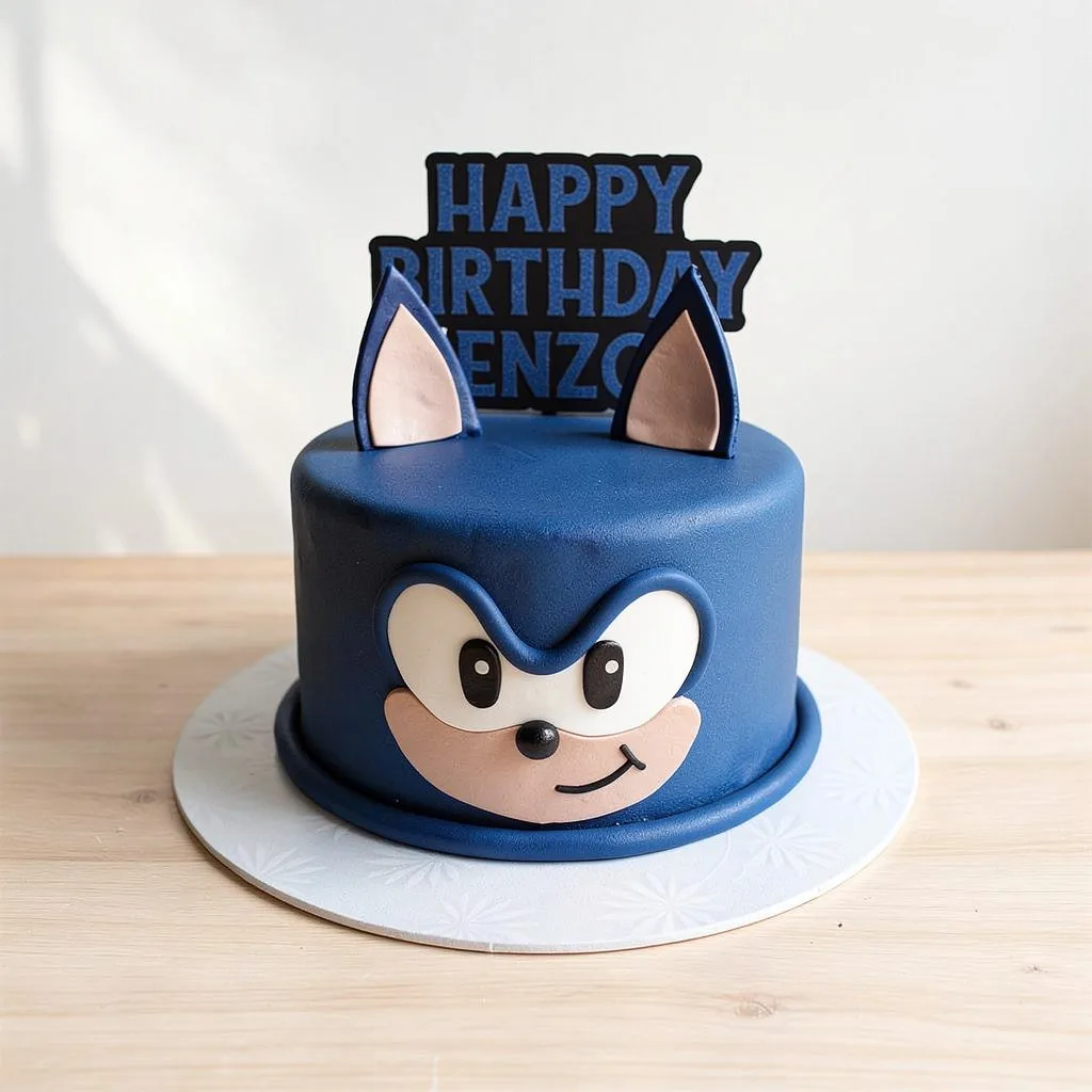 Blue birthday cake with cartoon hedgehog face and ears