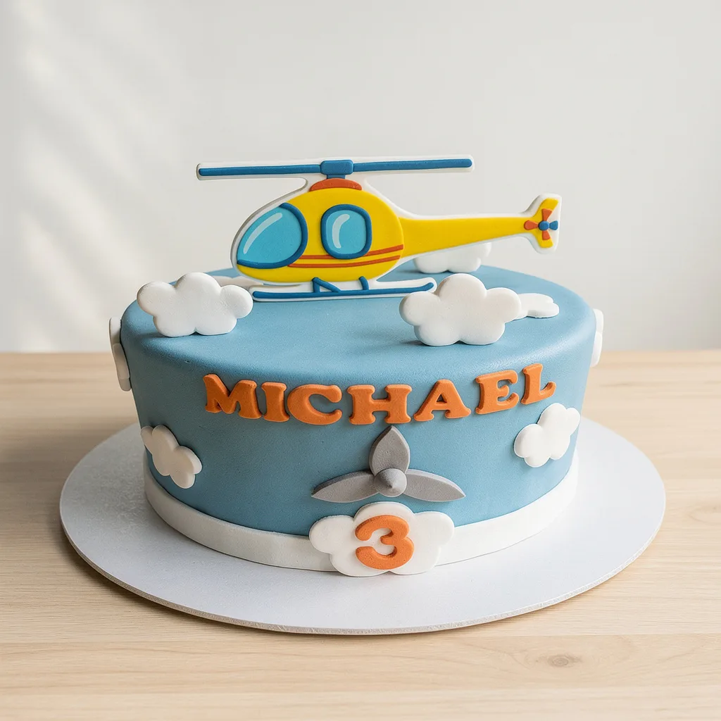 Round blue cake decorated with white clouds and a yellow helicopter topper