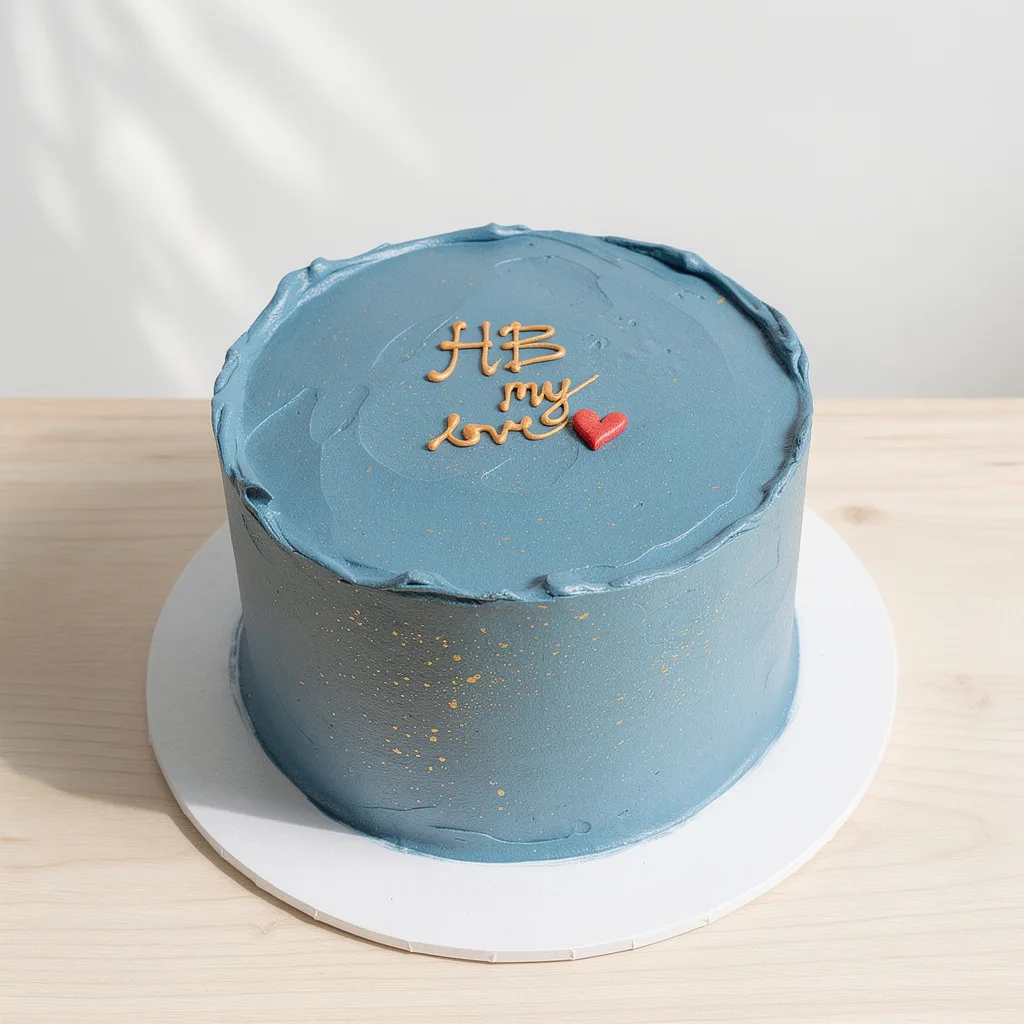 Blue frosted round cake with gold speckles and a small red heart decoration
