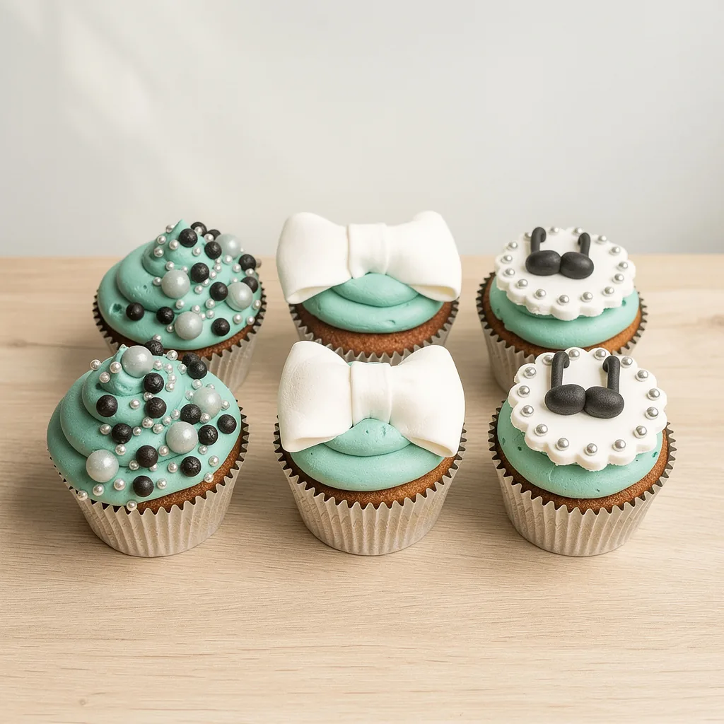 Six mint blue cupcakes decorated with edible pearls, white bows, and music notes