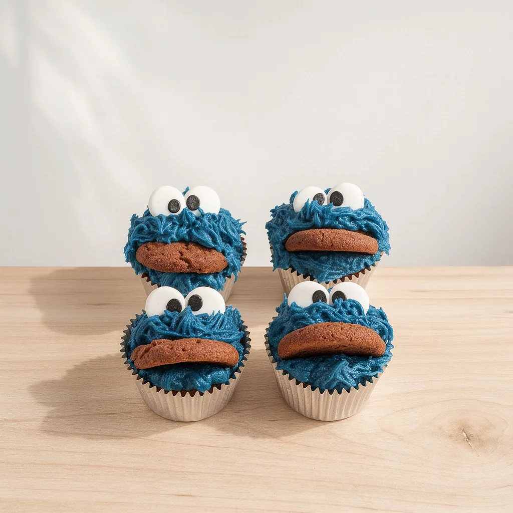 Four cupcakes decorated with blue frosting, large white eyes, and a cookie mouth resembling a playful monster face