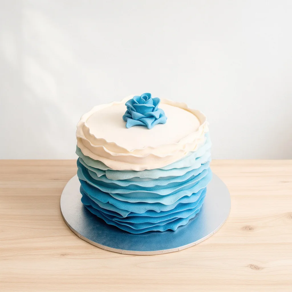 Tiered cake with rippled blue ombré buttercream and a blue frosting flower on top