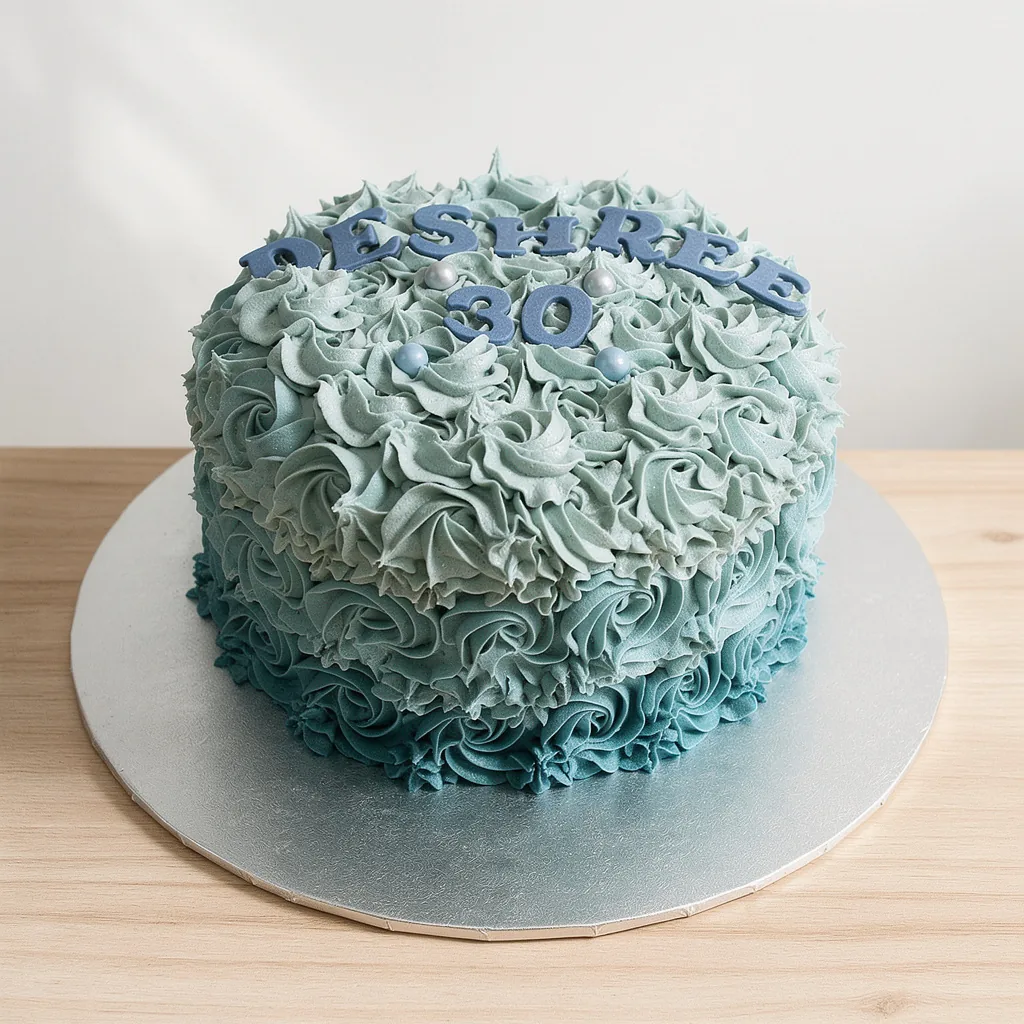 Round cake decorated with blue ombre rosette frosting and blue letters on top