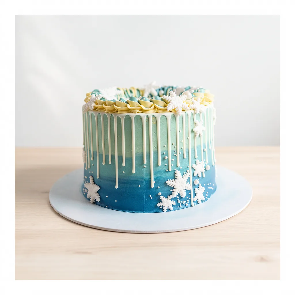 Round blue ombre cake with white drip, snowflake decorations, and yellow cream swirls on top