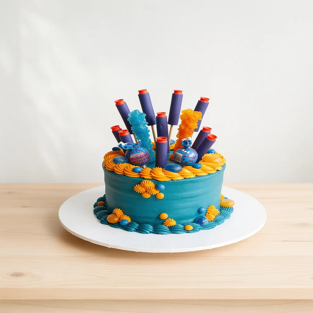 Round blue cake with orange frosting accents topped with candy and toy darts