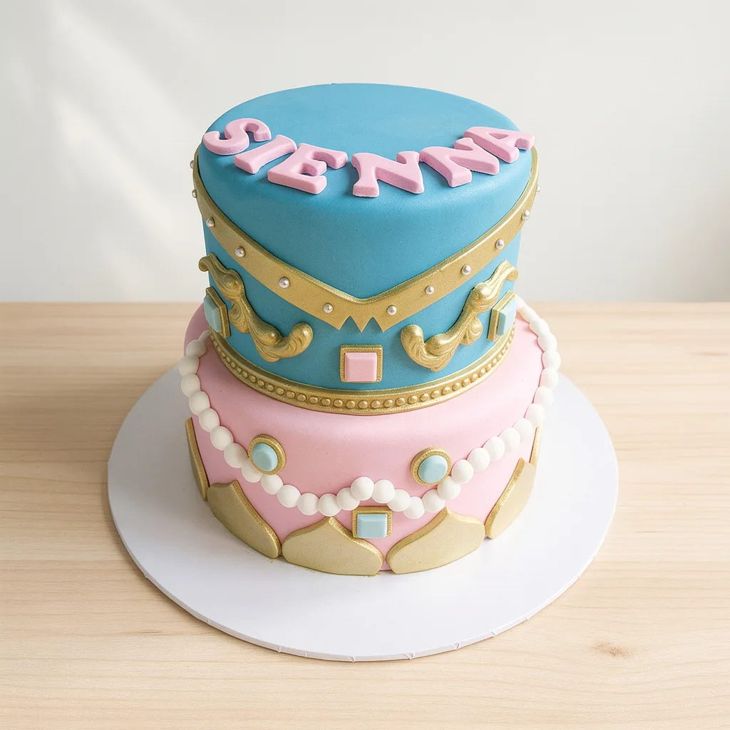Two-tier cake with blue top tier and pink bottom tier decorated with gold details and fondant pearls