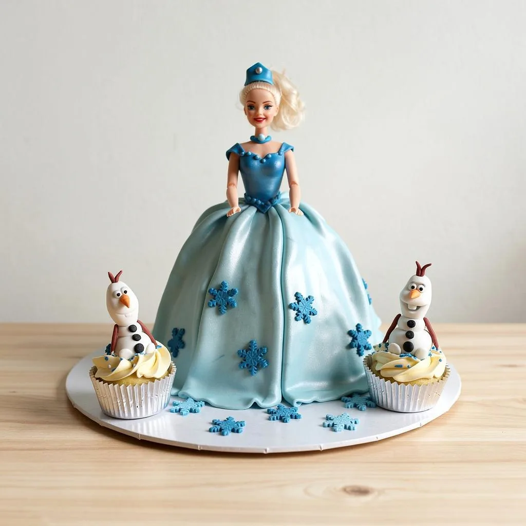 Blue princess doll cake with detailed snowflake decorations and two snowman cupcakes