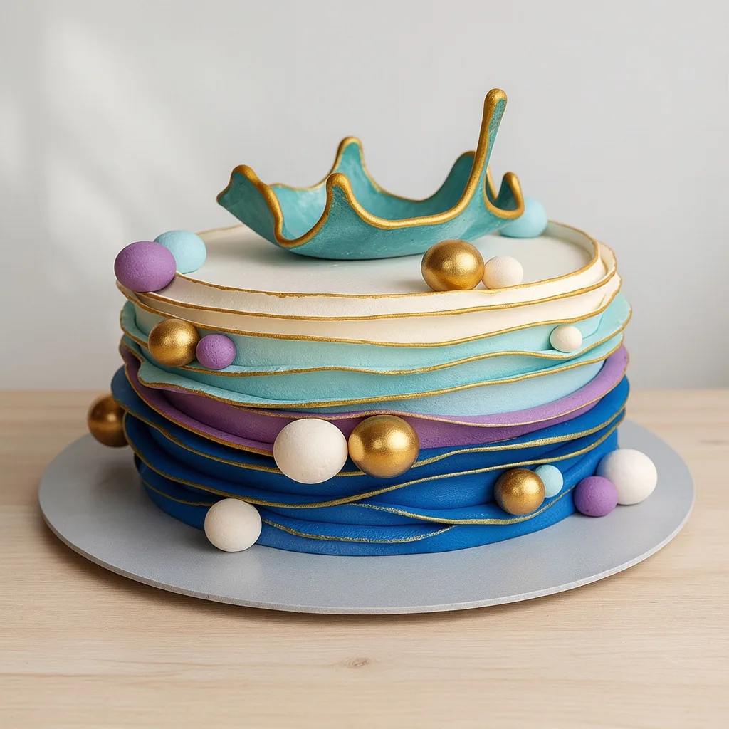 Round layered cake with wavy blue, purple, and white fondant edges accented by gold trim and spherical decorations