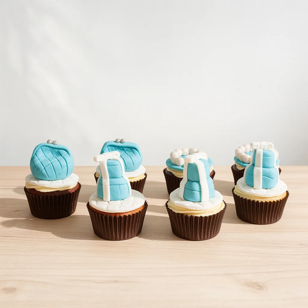 Cupcakes topped with blue and white purse and handbag designs in fondant