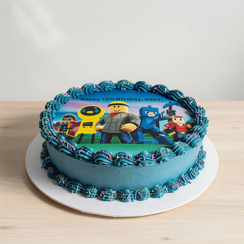 Round blue frosted cake with Roblox character toppers and colorful sprinkles