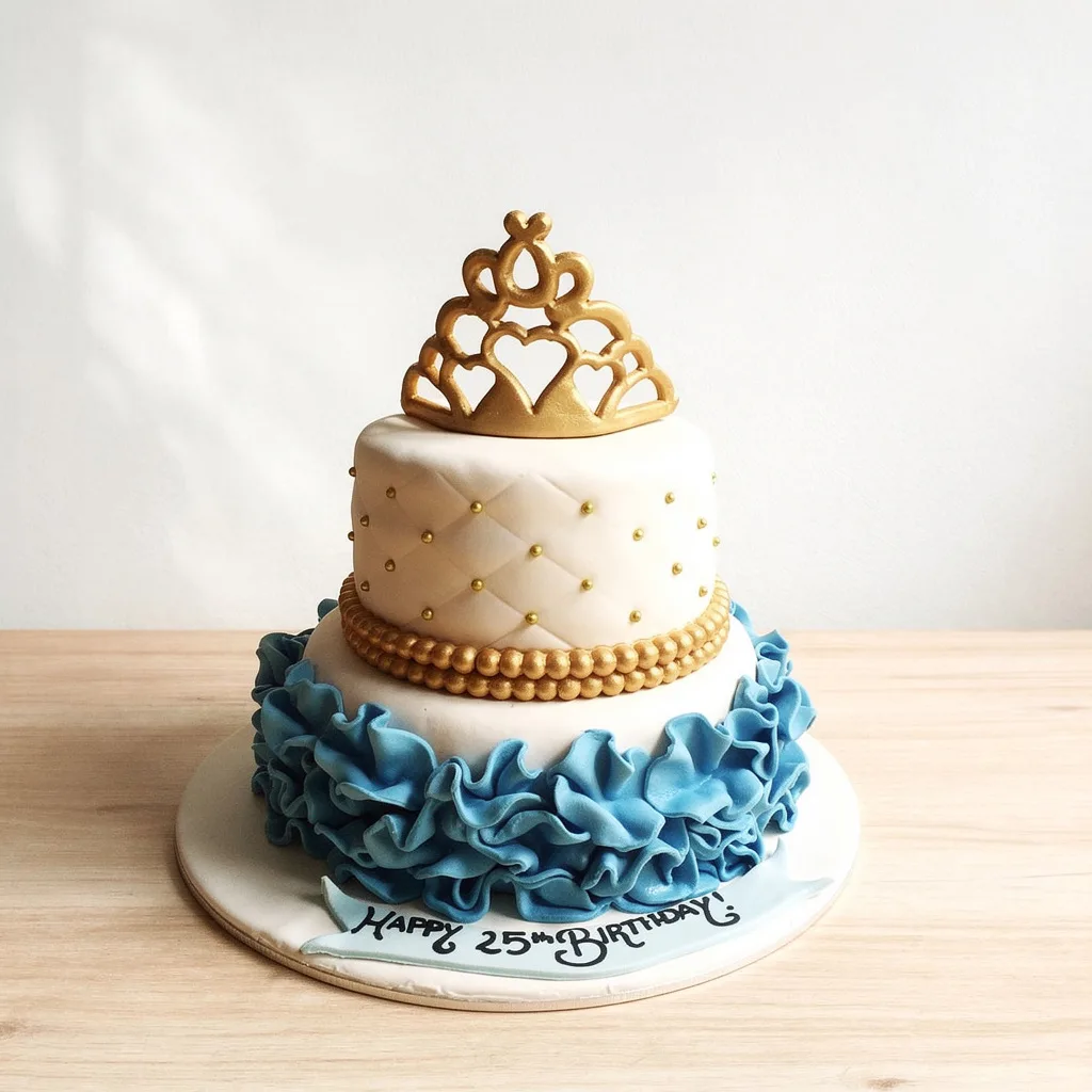 Two-tier white cake with blue fondant ruffles and a gold edible crown topper