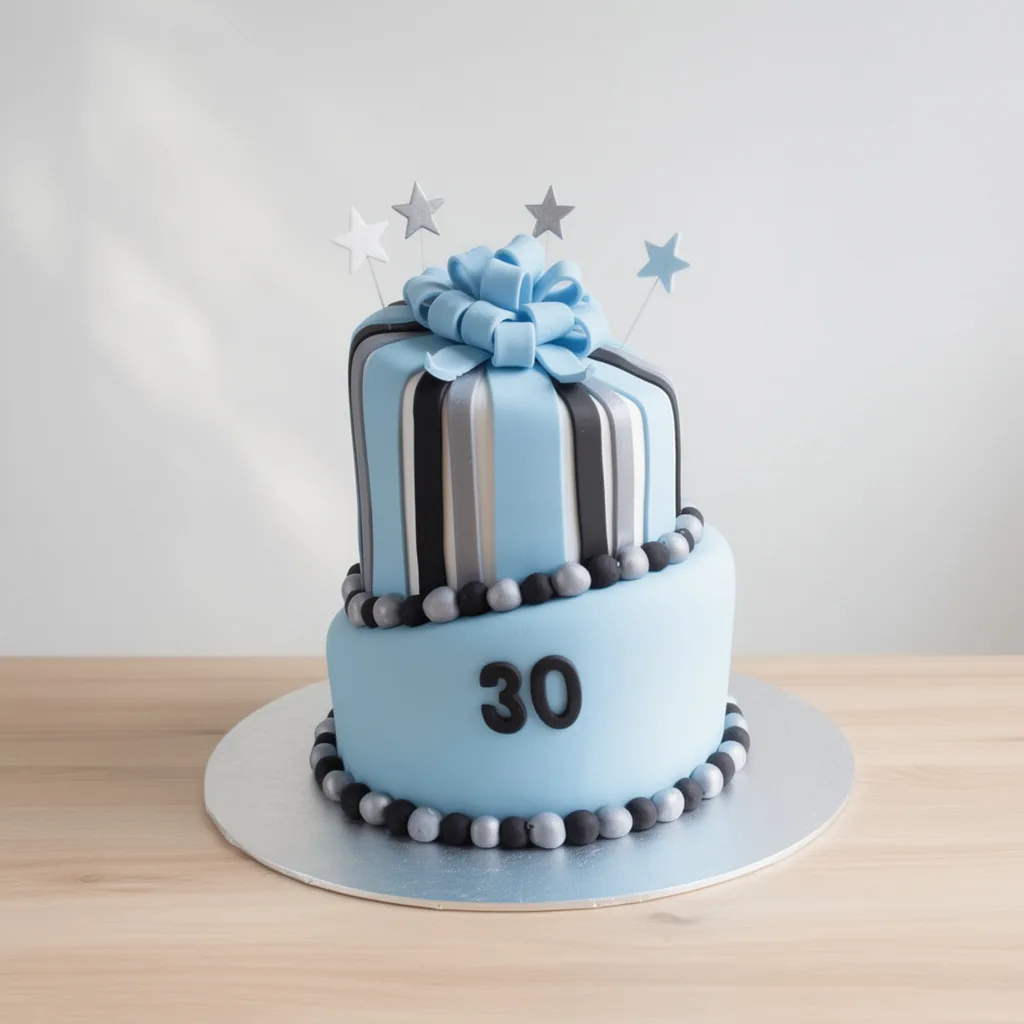 Two-tier blue birthday cake with black, silver and white stripes, topped with a bow and star decorations