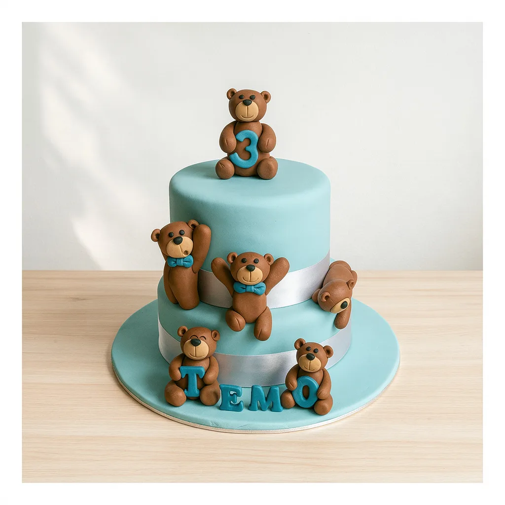 Two-tier blue cake decorated with teddy bears holding number 3 and letters